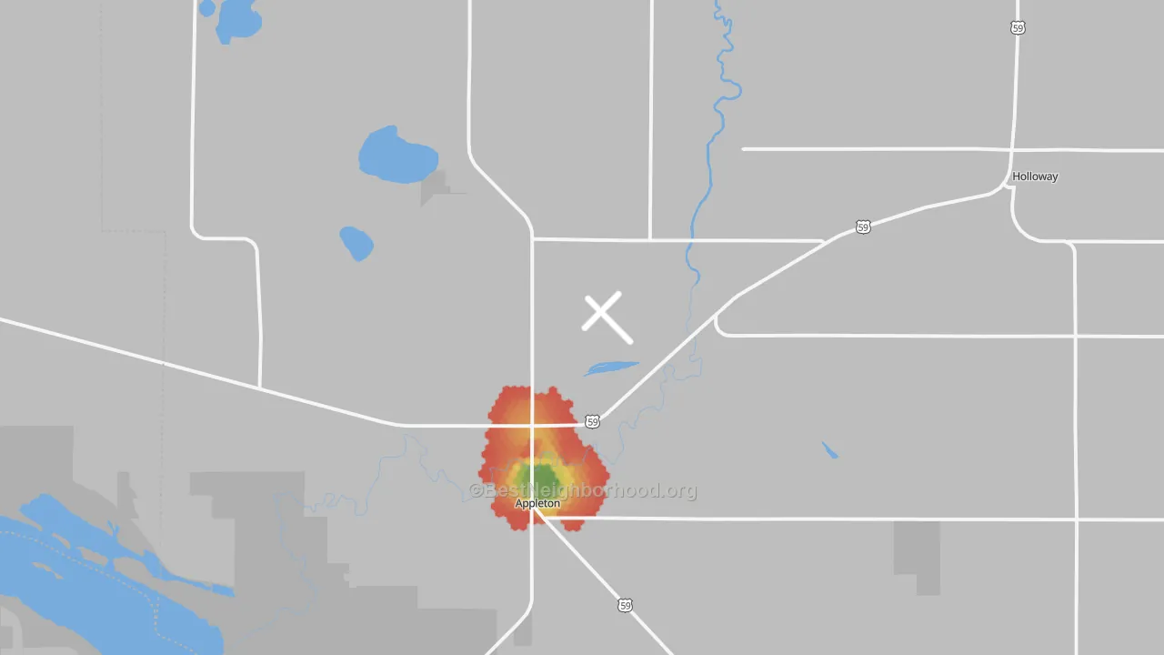 Walk Grade map of Appleton, MN, walkable areas in green and car-dependent areas in red