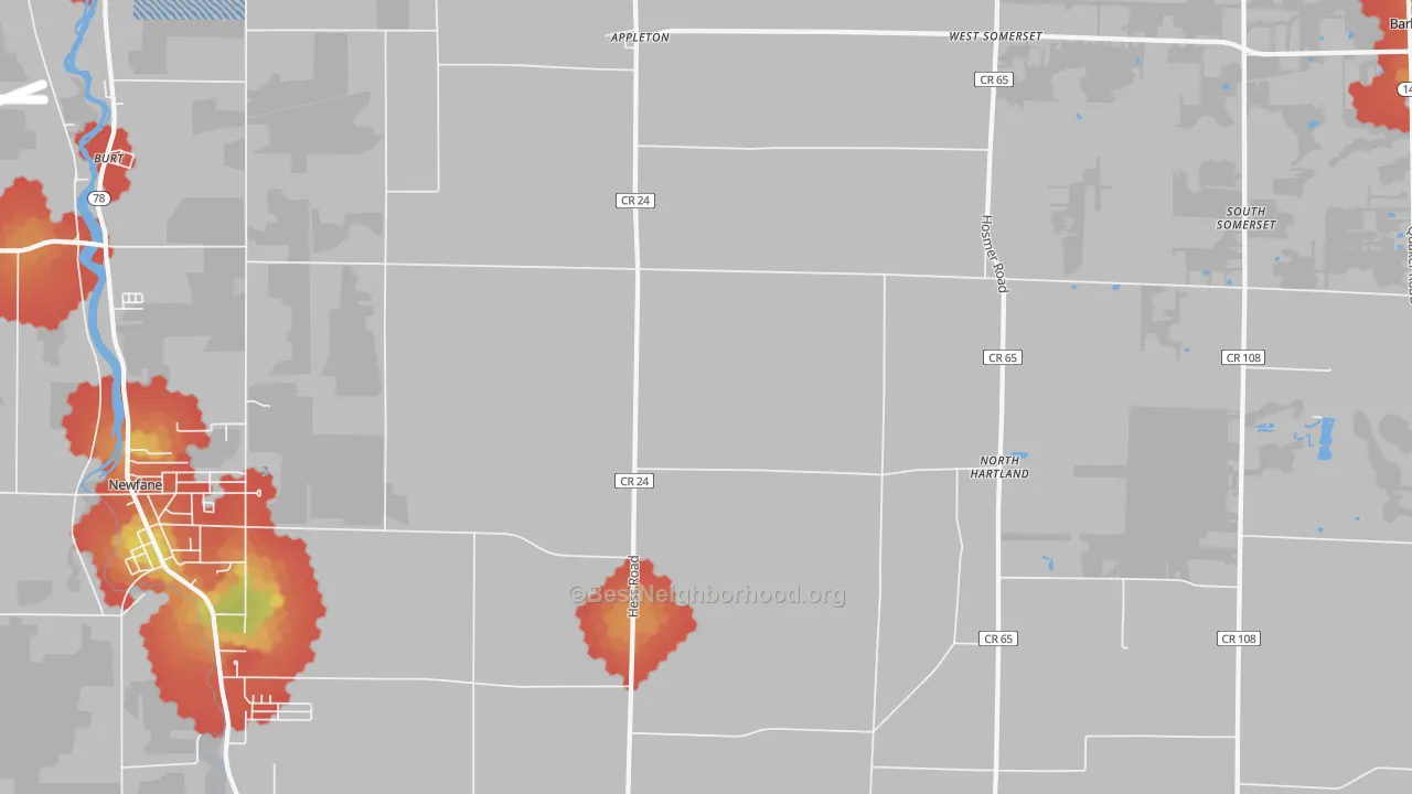 Walk Grade map of Appleton, NY, walkable areas in green and car-dependent areas in red