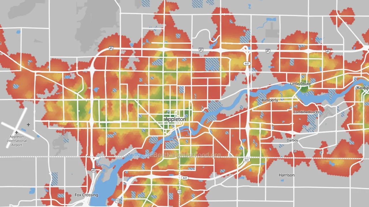 Walk Grade map of Appleton, WI, walkable areas in green and car-dependent areas in red