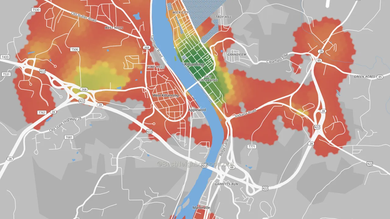Walk Grade map of Applewold, PA, walkable areas in green and car-dependent areas in red