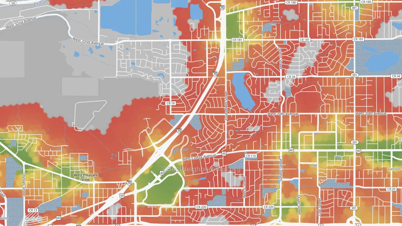 Walk Grade map of Applewood, CO, walkable areas in green and car-dependent areas in red