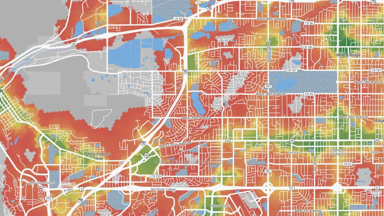 Walk Grade map of Applewood, Lakewood, CO, walkable areas in green and car-dependent areas in red