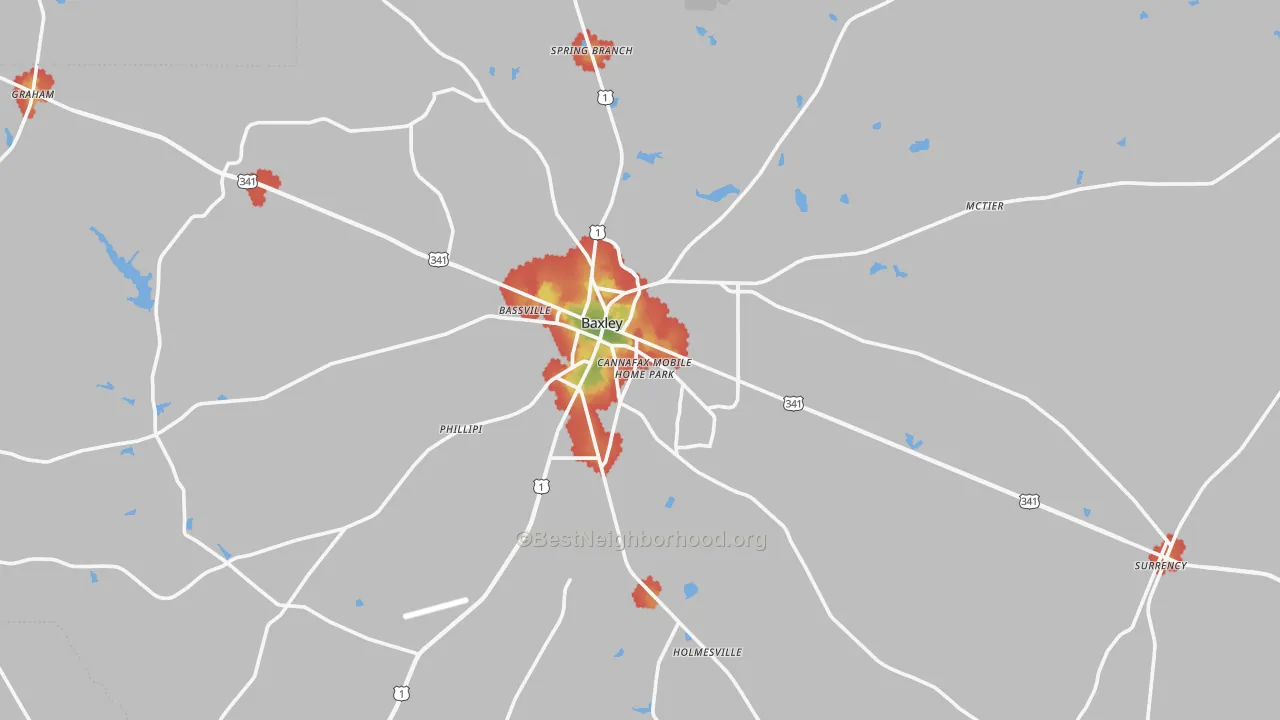Walk Grade map of Appling County, GA, walkable areas in green and car-dependent areas in red