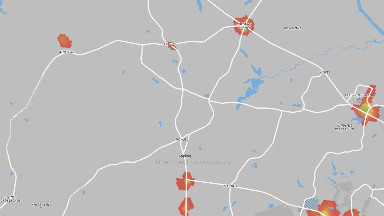 Walk Grade map of Appling, GA, walkable areas in green and car-dependent areas in red