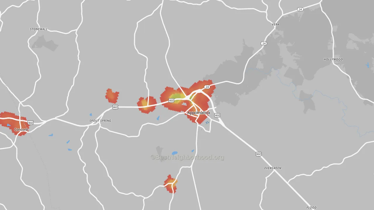 Walk Grade map of Appomattox County, VA, walkable areas in green and car-dependent areas in red