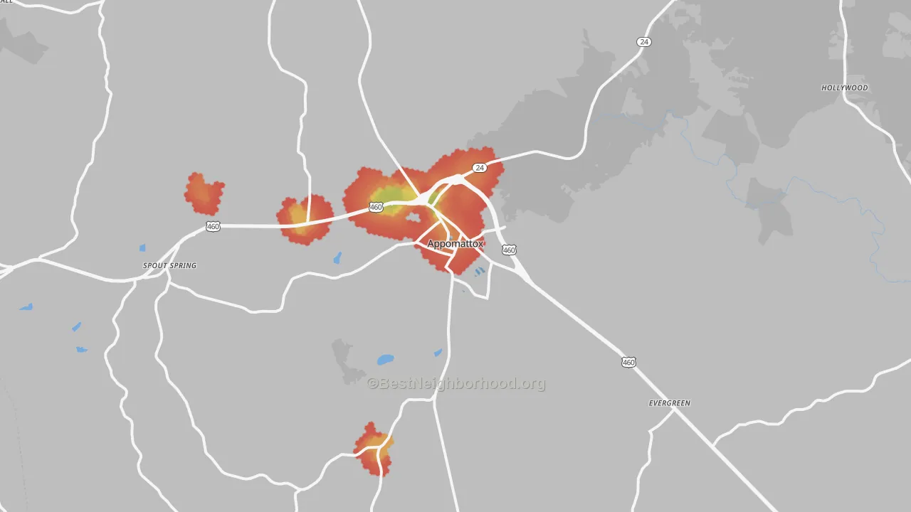 Walk Grade map of Appomattox, VA, walkable areas in green and car-dependent areas in red
