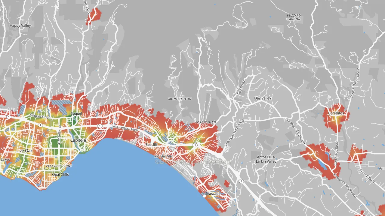 Walk Grade map of Aptos, CA, walkable areas in green and car-dependent areas in red