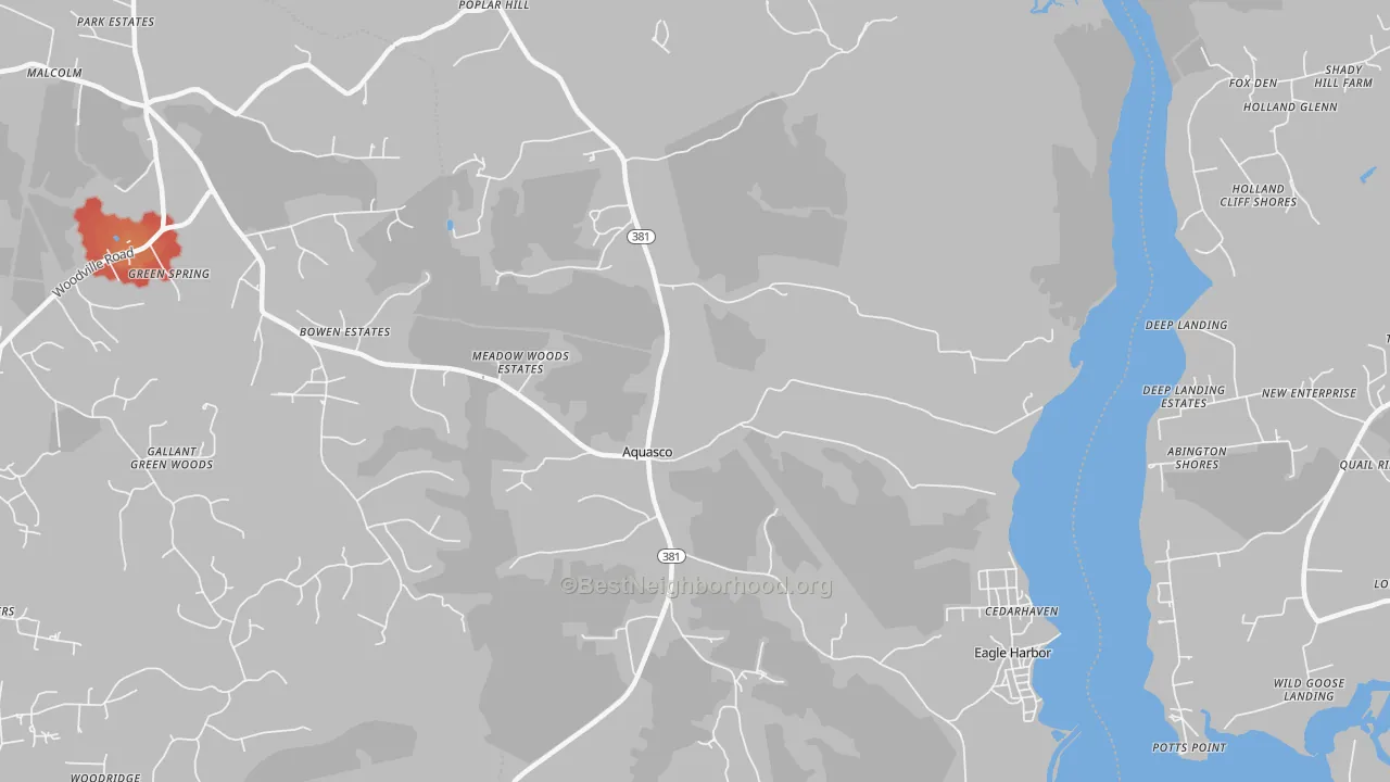 Walk Grade map of Aquasco, MD, walkable areas in green and car-dependent areas in red