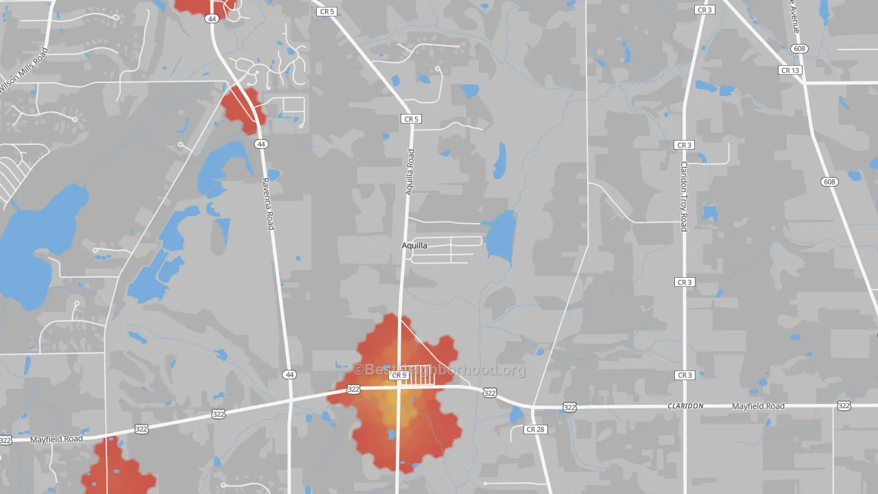 Walk Grade map of Aquilla, OH, walkable areas in green and car-dependent areas in red
