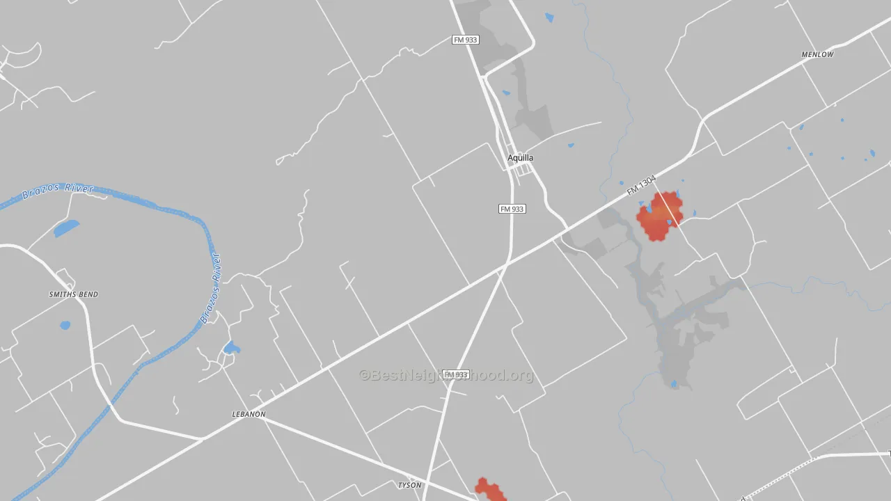 Walk Grade map of Aquilla, TX, walkable areas in green and car-dependent areas in red
