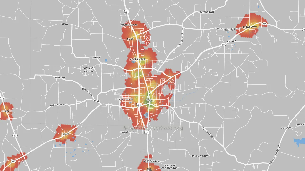 Walk Grade map of Arab, AL, walkable areas in green and car-dependent areas in red