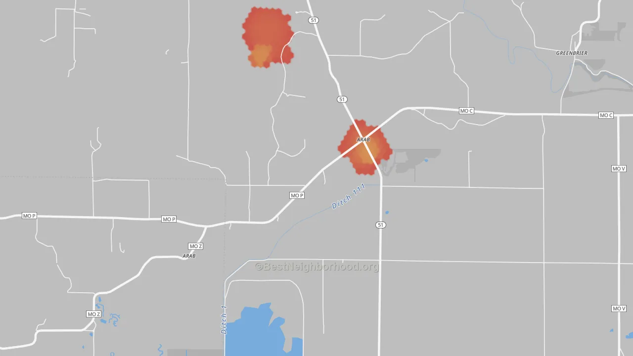 Walk Grade map of Arab, MO, walkable areas in green and car-dependent areas in red