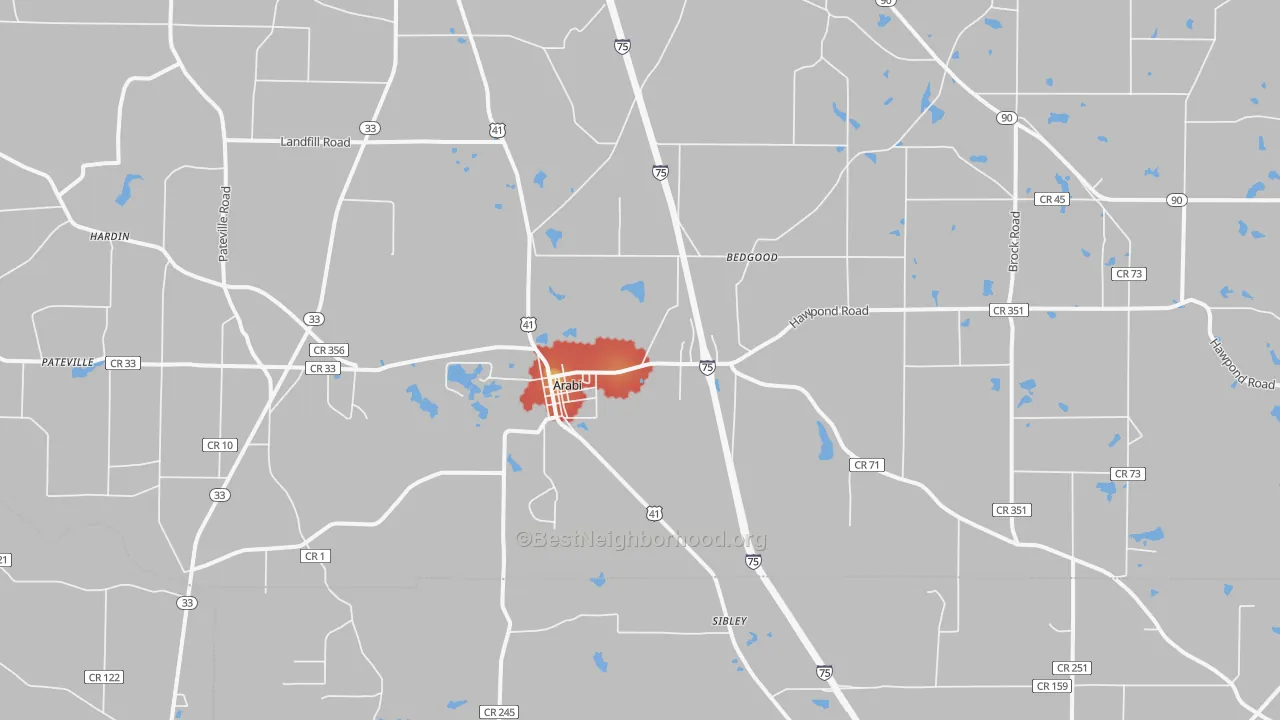 Walk Grade map of Arabi, GA, walkable areas in green and car-dependent areas in red