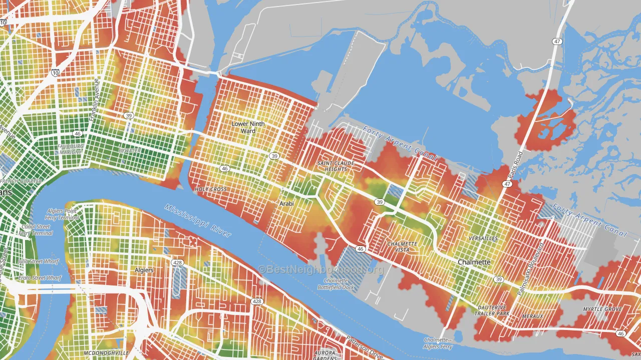 Walk Grade map of Arabi, LA, walkable areas in green and car-dependent areas in red