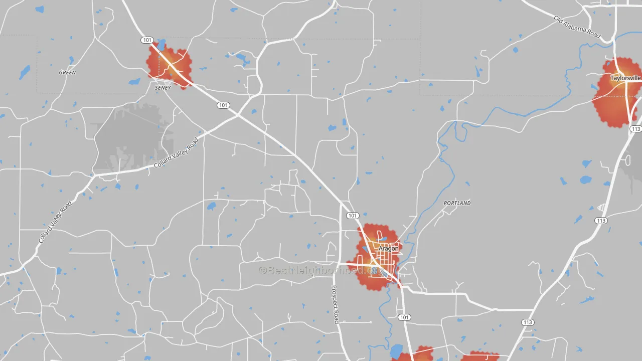 Walk Grade map of Aragon, GA, walkable areas in green and car-dependent areas in red