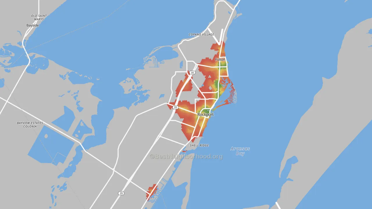 Walk Grade map of Aransas County, TX, walkable areas in green and car-dependent areas in red