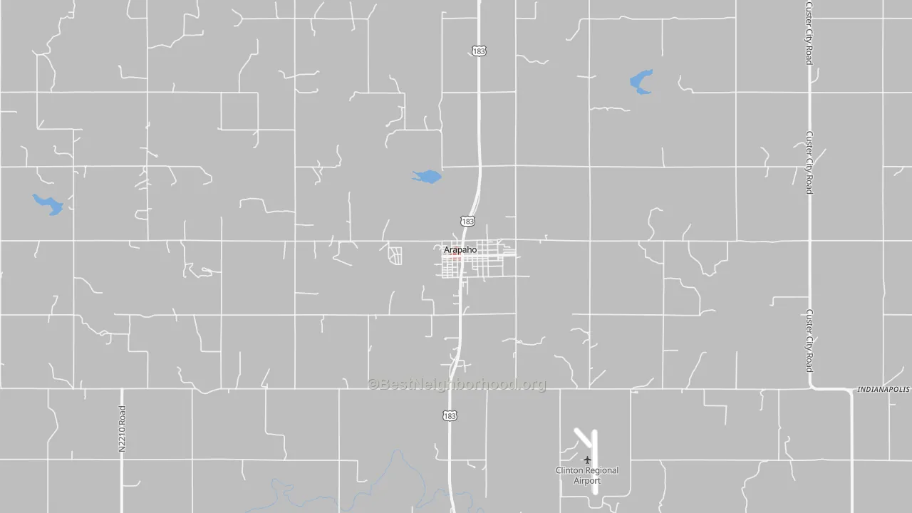 Walk Grade map of Arapaho, OK, walkable areas in green and car-dependent areas in red