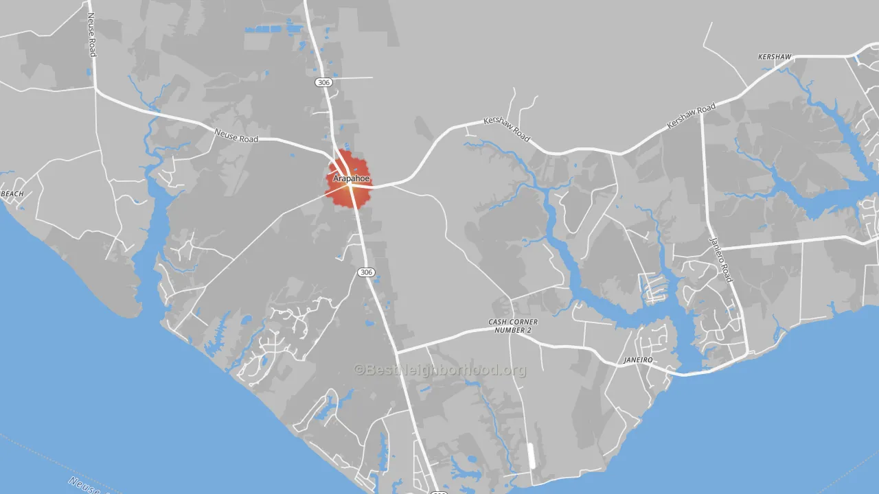 Walk Grade map of Arapahoe, NC, walkable areas in green and car-dependent areas in red