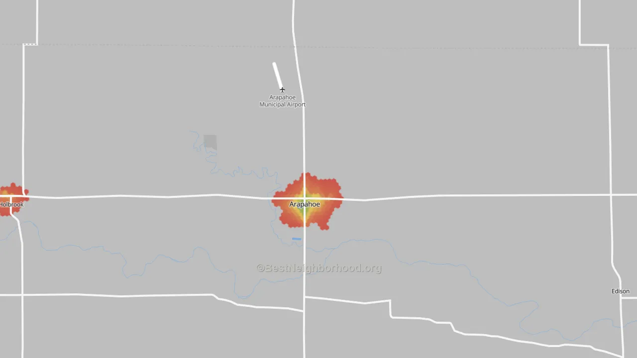 Walk Grade map of Arapahoe, NE, walkable areas in green and car-dependent areas in red