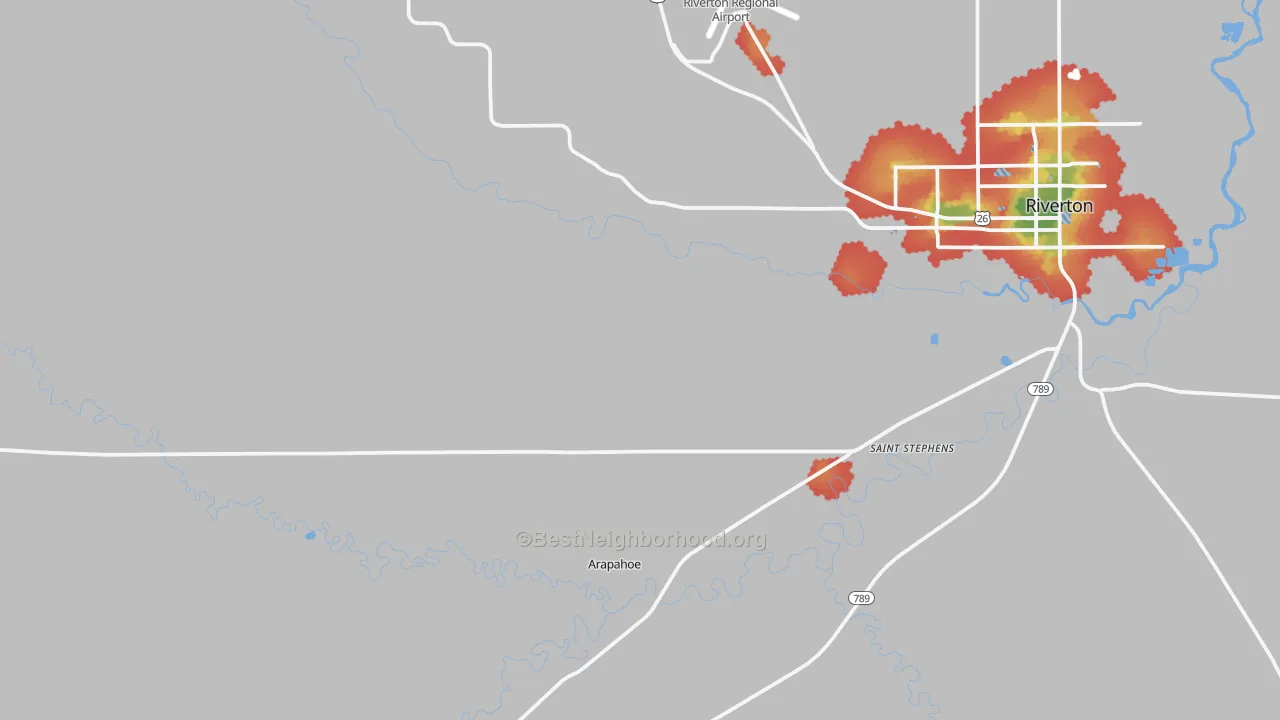 Walk Grade map of Arapahoe, WY, walkable areas in green and car-dependent areas in red