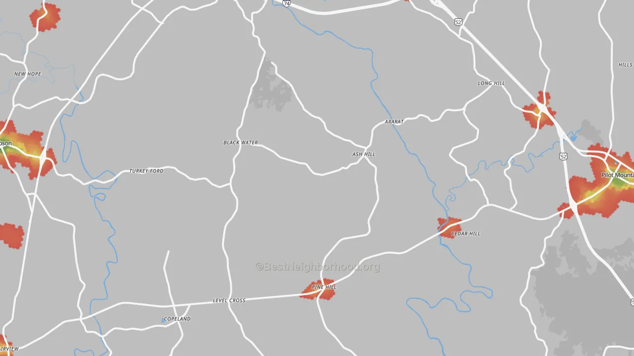 Walk Grade map of Ararat, NC, walkable areas in green and car-dependent areas in red
