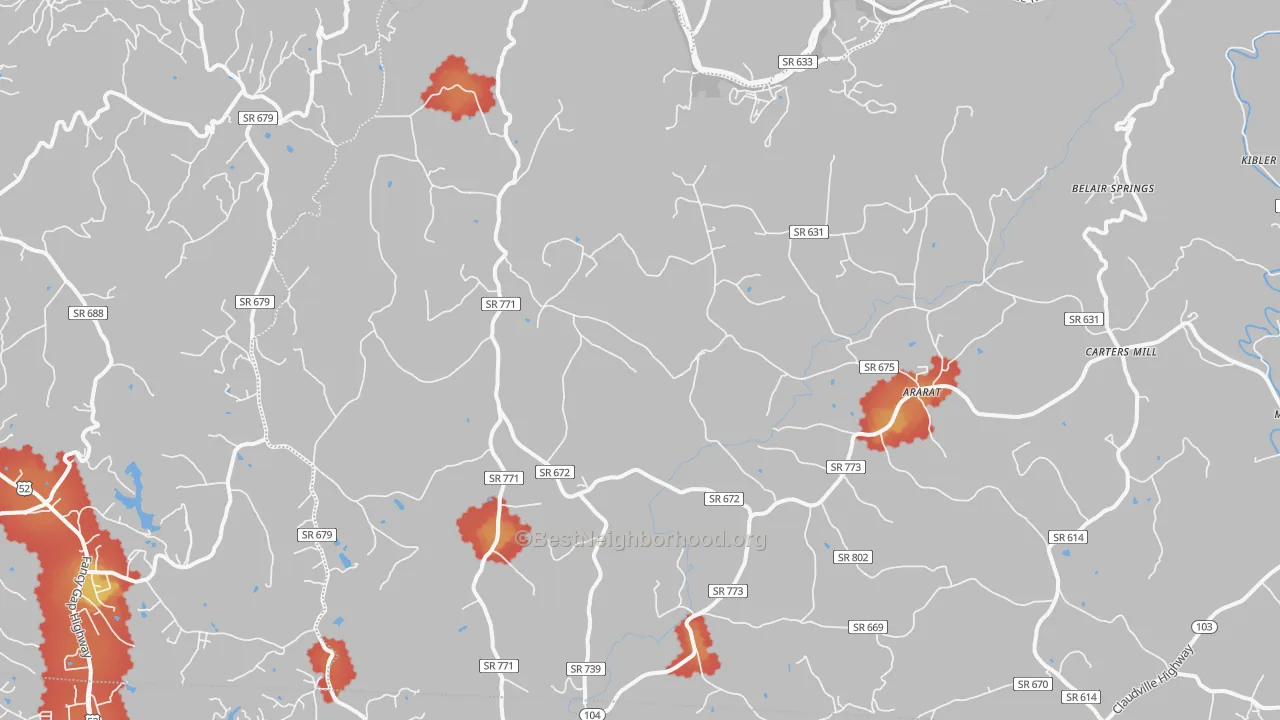 Walk Grade map of Ararat, VA, walkable areas in green and car-dependent areas in red