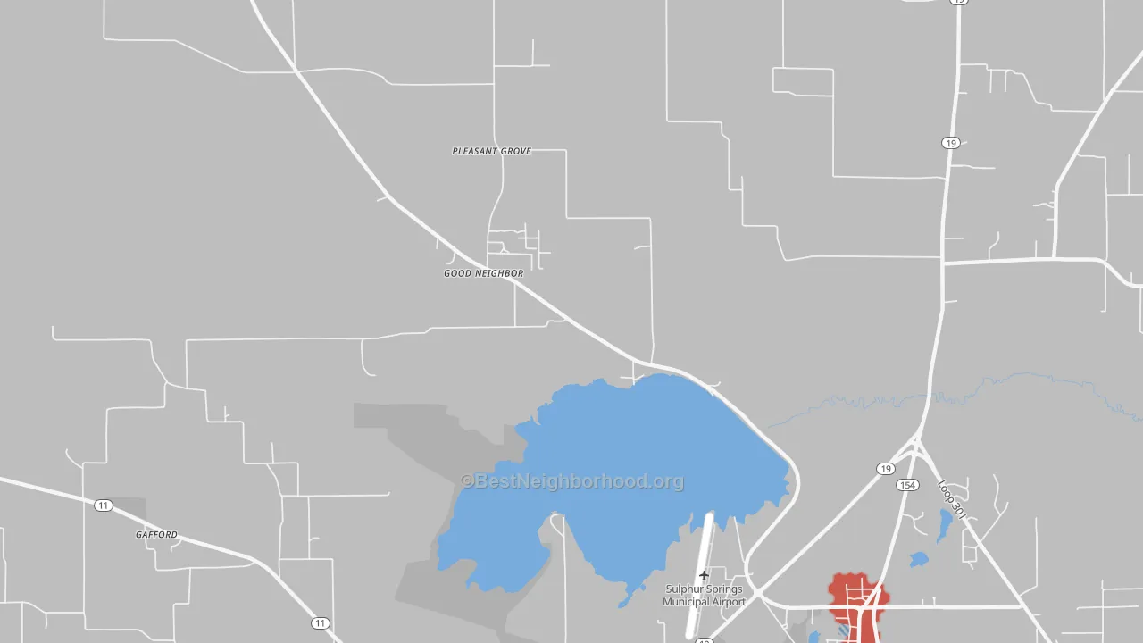 Walk Grade map of Arbala, TX, walkable areas in green and car-dependent areas in red