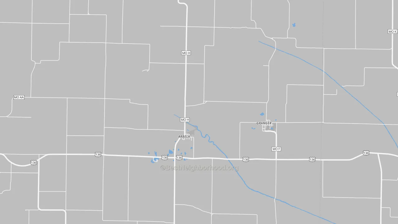 Walk Grade map of Arbela, MO, walkable areas in green and car-dependent areas in red