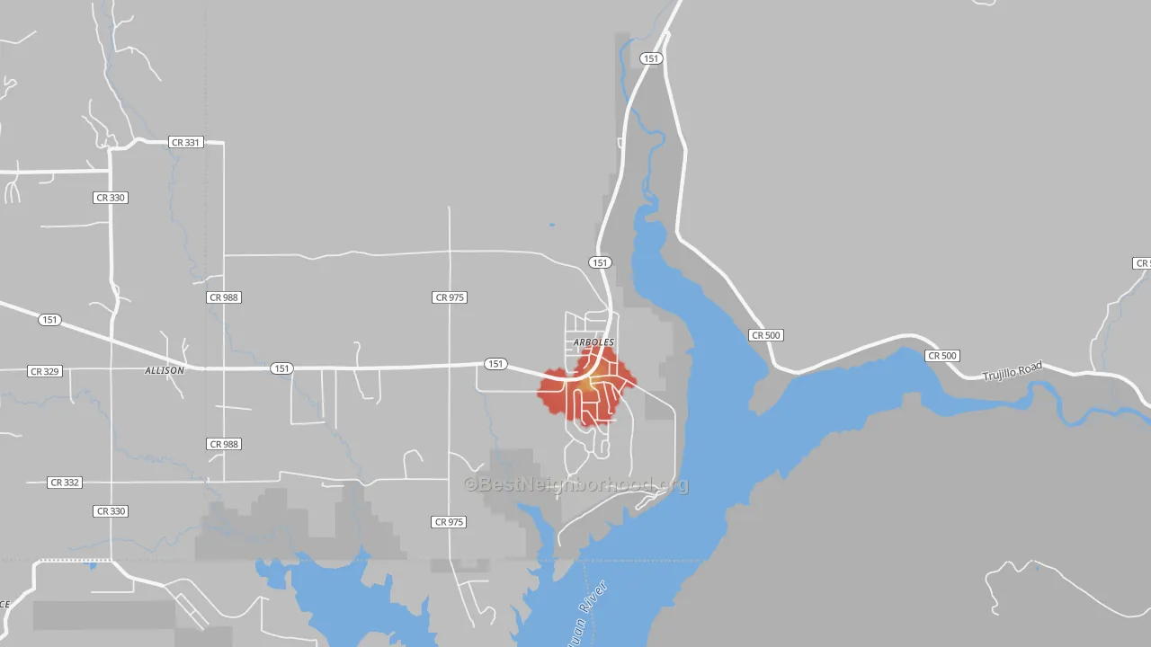 Walk Grade map of Arboles, CO, walkable areas in green and car-dependent areas in red