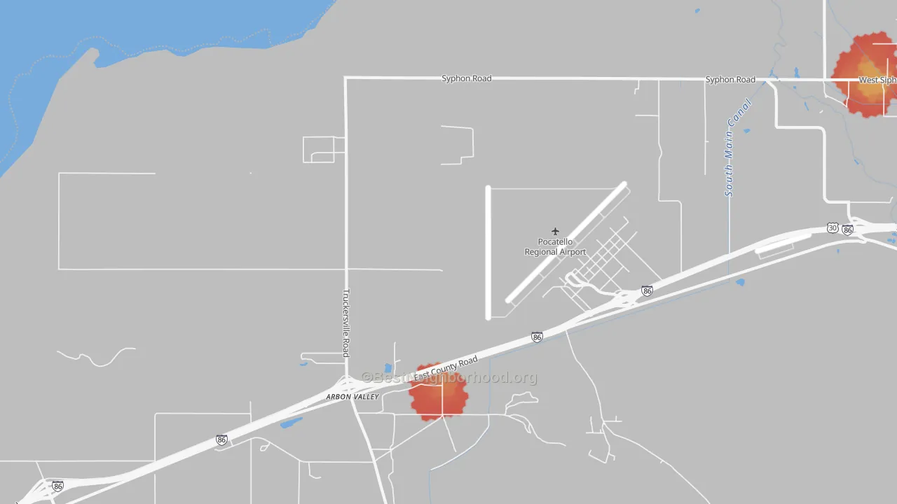 Walk Grade map of Arbon Valley, ID, walkable areas in green and car-dependent areas in red