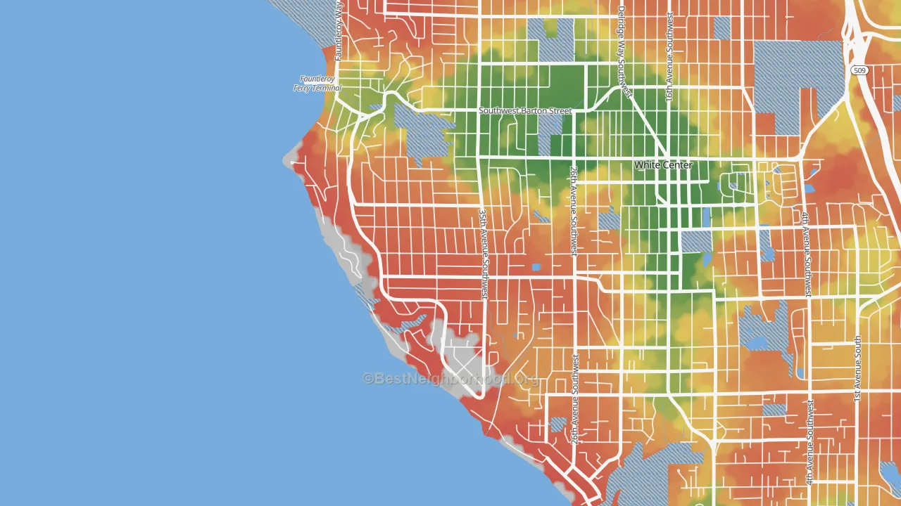 Walk Grade map of Arbor Heights, Seattle, WA, walkable areas in green and car-dependent areas in red
