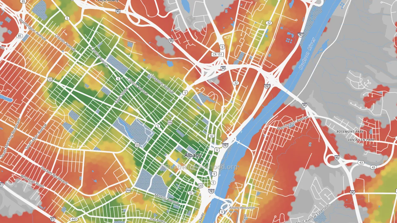Walk Grade map of Arbor Hill, Albany, NY, walkable areas in green and car-dependent areas in red