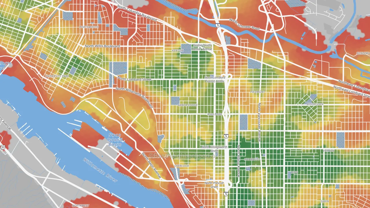 Walk Grade map of Arbor Lodge, Portland, OR, walkable areas in green and car-dependent areas in red