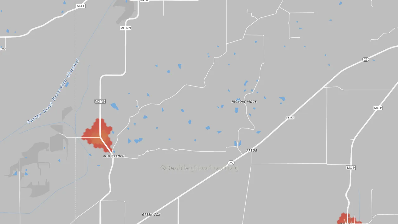 Walk Grade map of Arbor, MO, walkable areas in green and car-dependent areas in red