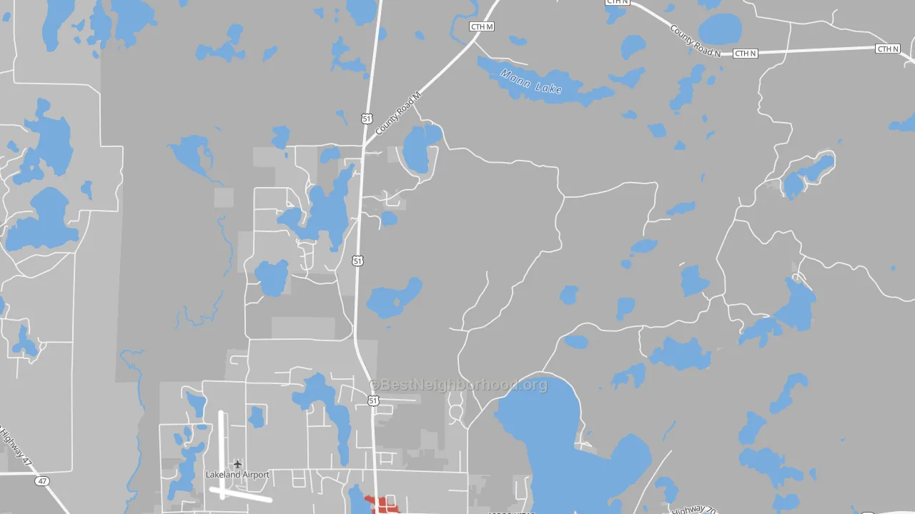 Walk Grade map of Arbor Vitae, WI, walkable areas in green and car-dependent areas in red