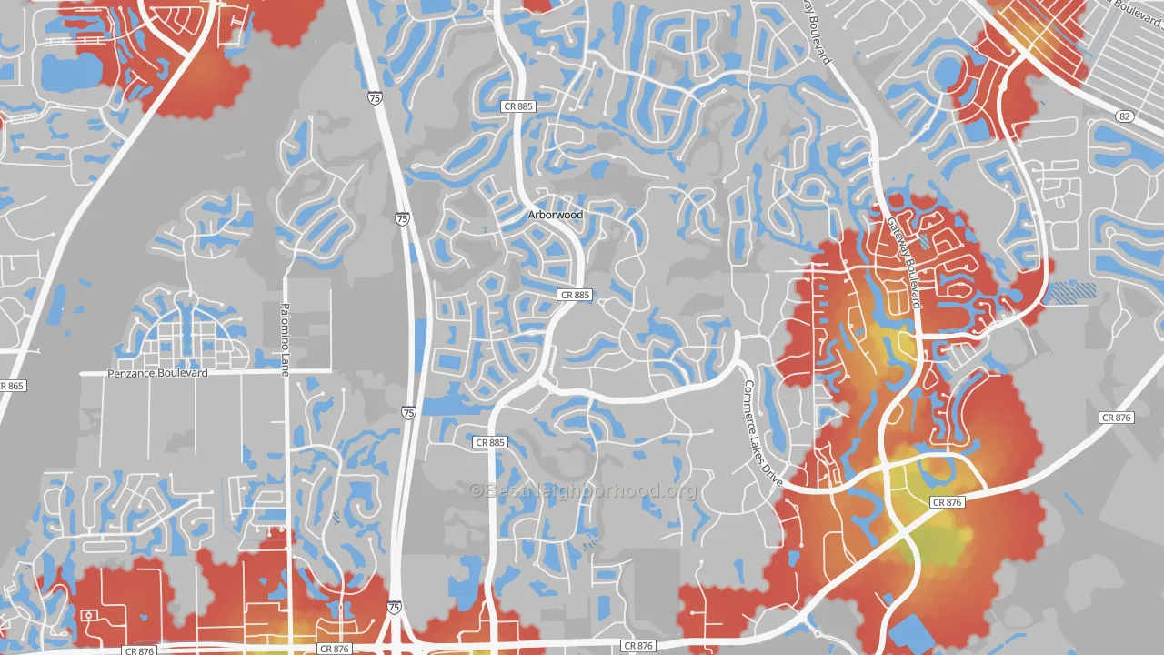 Walk Grade map of Arborwood, Fort Myers, FL, walkable areas in green and car-dependent areas in red