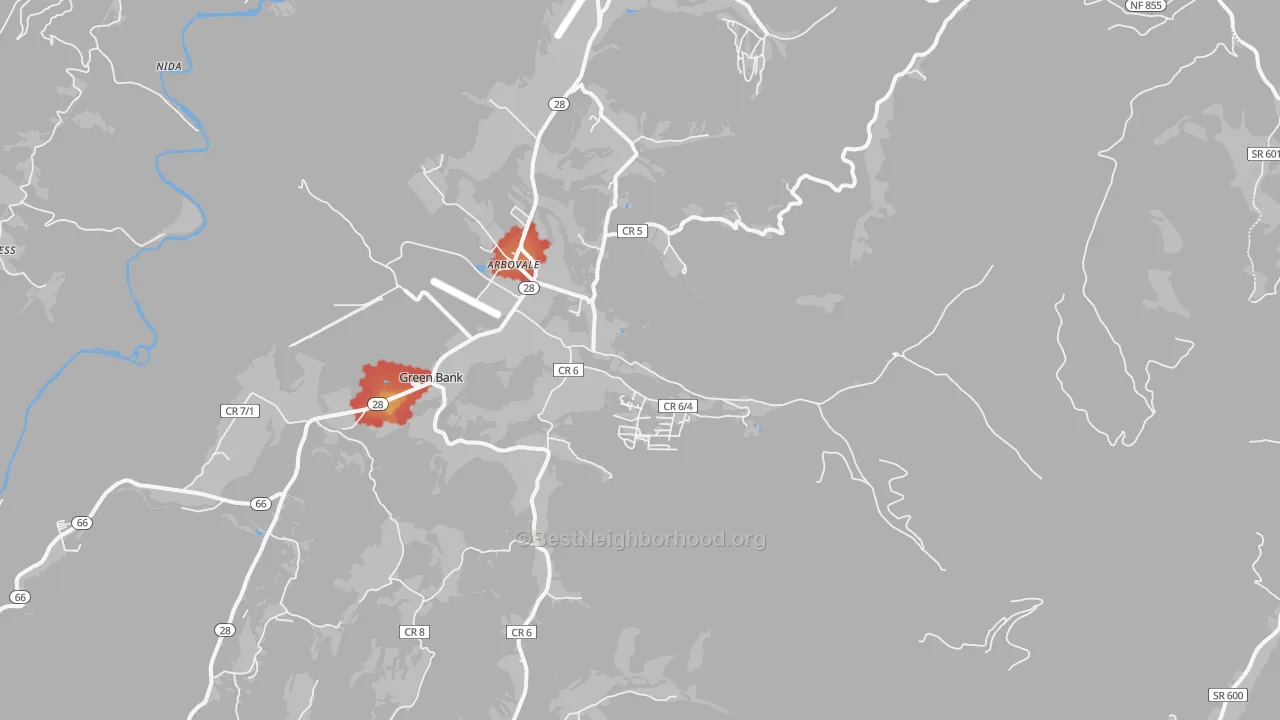 Walk Grade map of Arbovale, WV, walkable areas in green and car-dependent areas in red