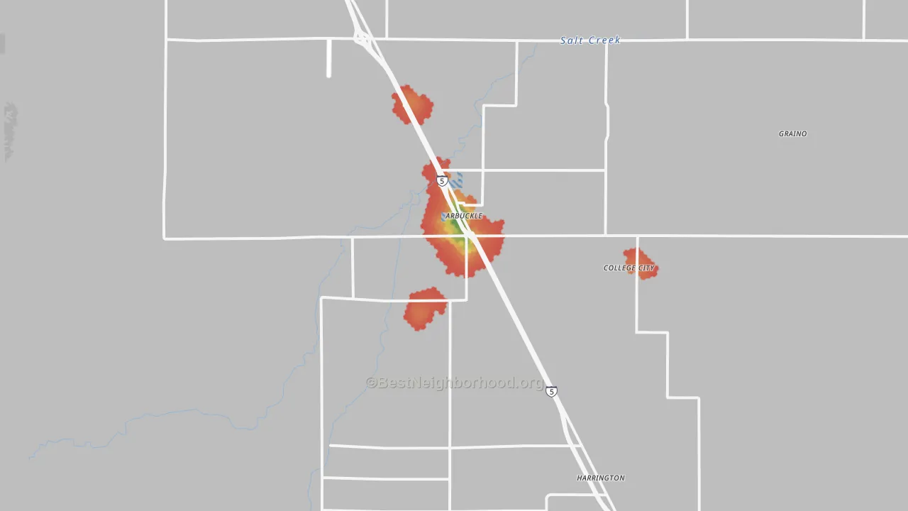 Walk Grade map of Arbuckle, CA, walkable areas in green and car-dependent areas in red