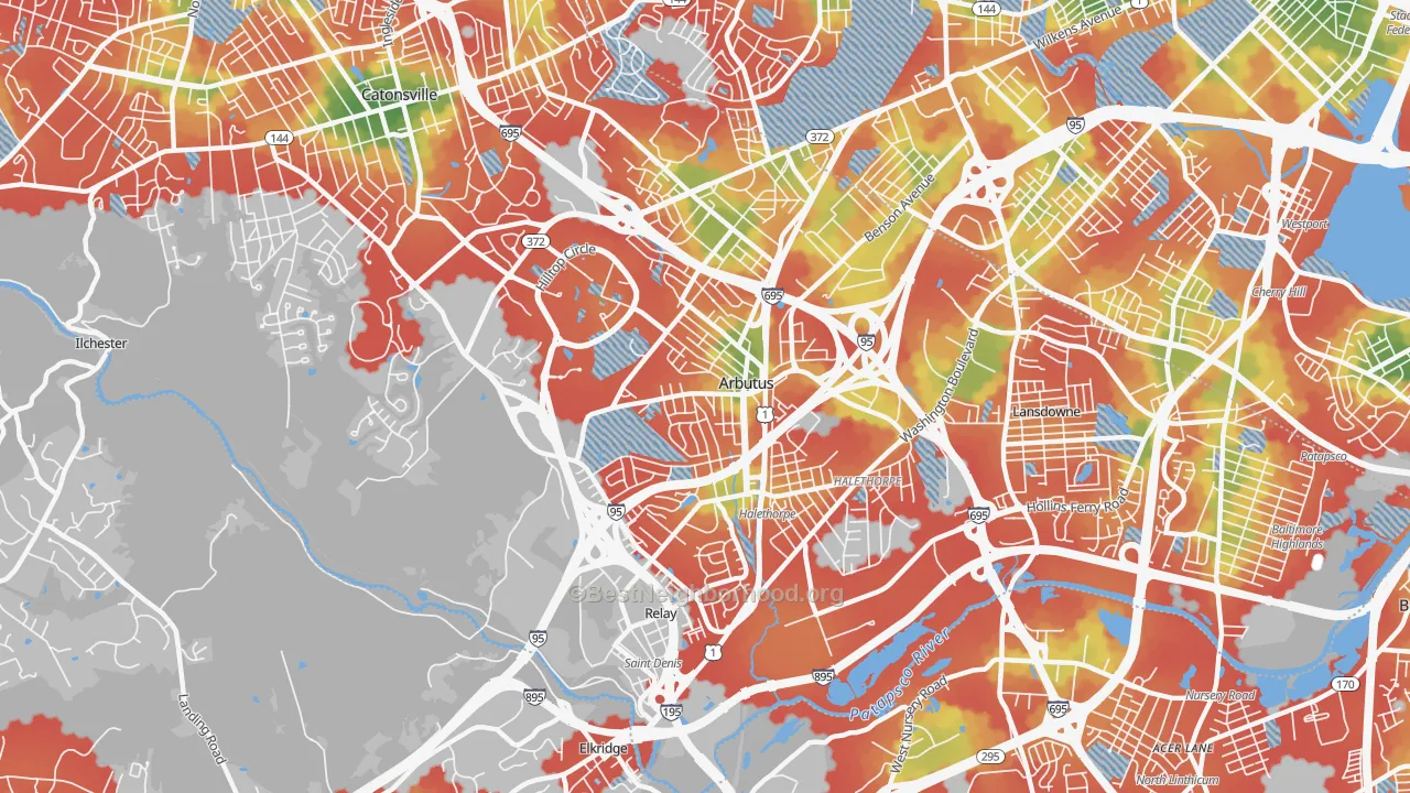 Walk Grade map of Arbutus, MD, walkable areas in green and car-dependent areas in red