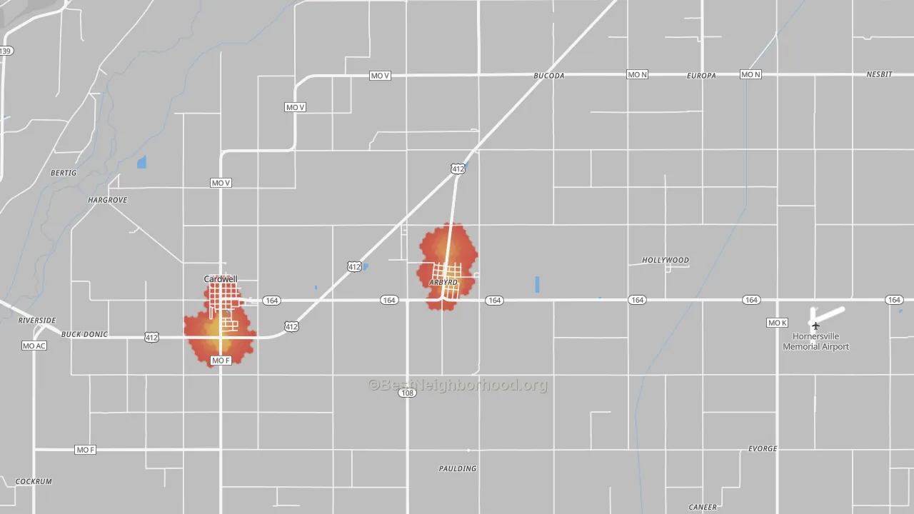 Walk Grade map of Arbyrd, MO, walkable areas in green and car-dependent areas in red