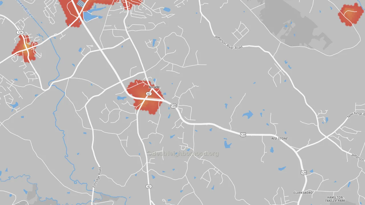 Walk Grade map of Arcade, GA, walkable areas in green and car-dependent areas in red