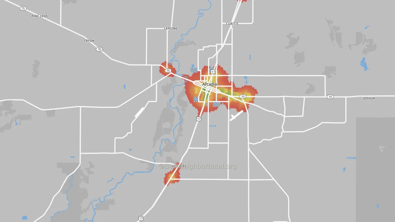 Walk Grade map of Arcadia, FL, walkable areas in green and car-dependent areas in red
