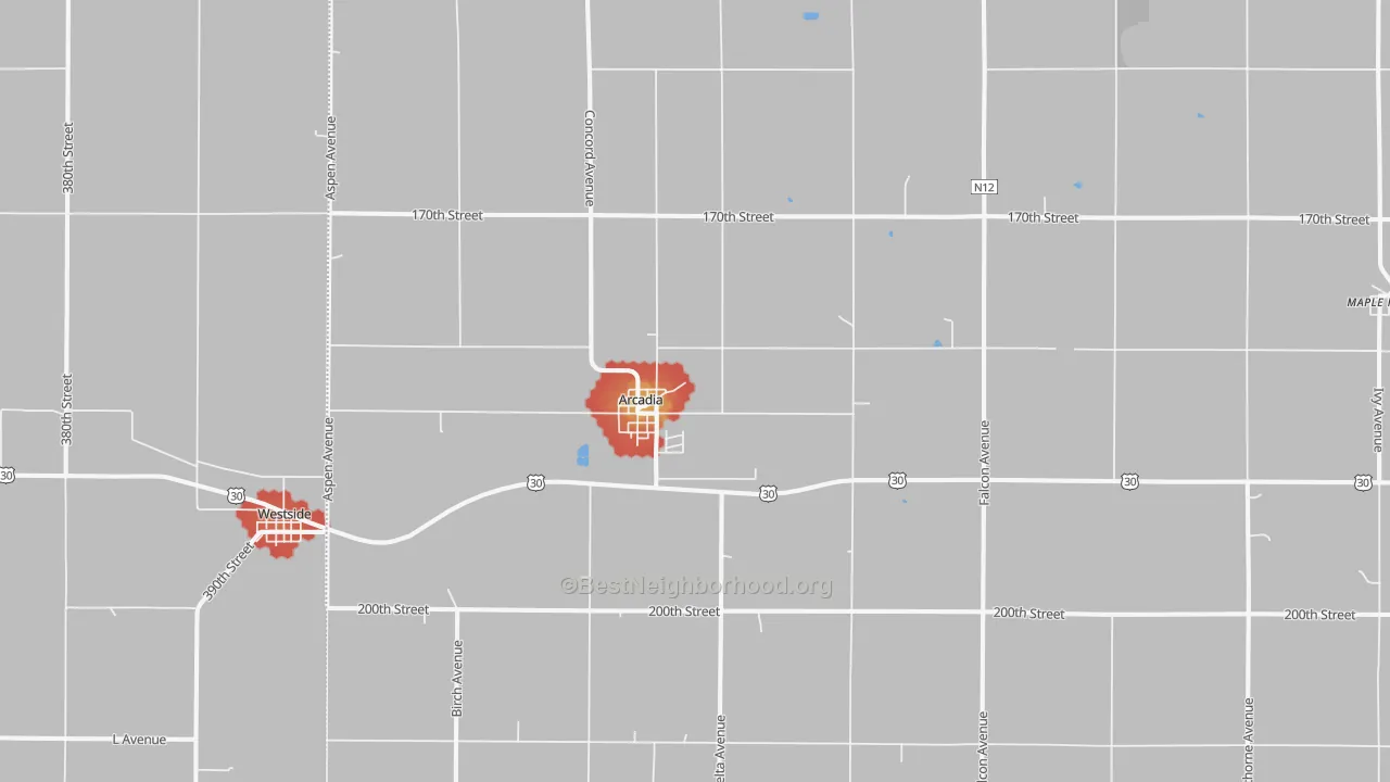 Walk Grade map of Arcadia, IA, walkable areas in green and car-dependent areas in red