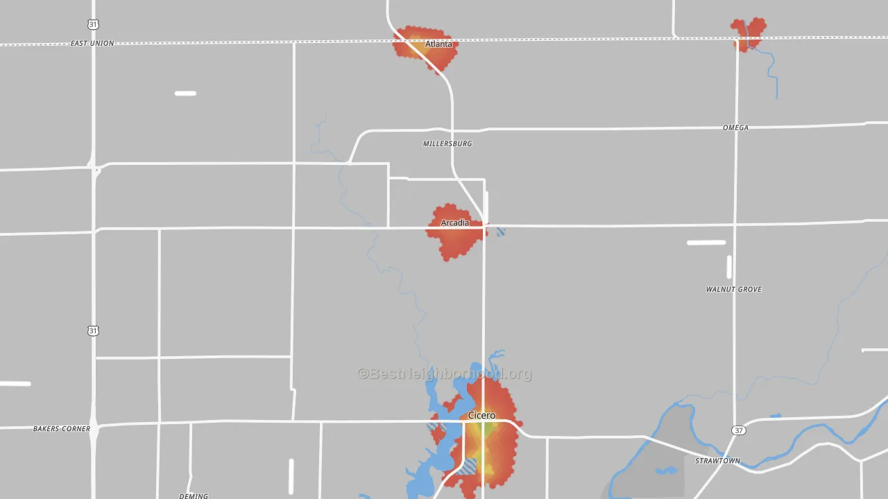 Walk Grade map of Arcadia, IN, walkable areas in green and car-dependent areas in red