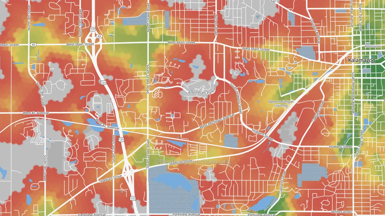 Walk Grade map of Arcadia, Kalamazoo, MI, walkable areas in green and car-dependent areas in red