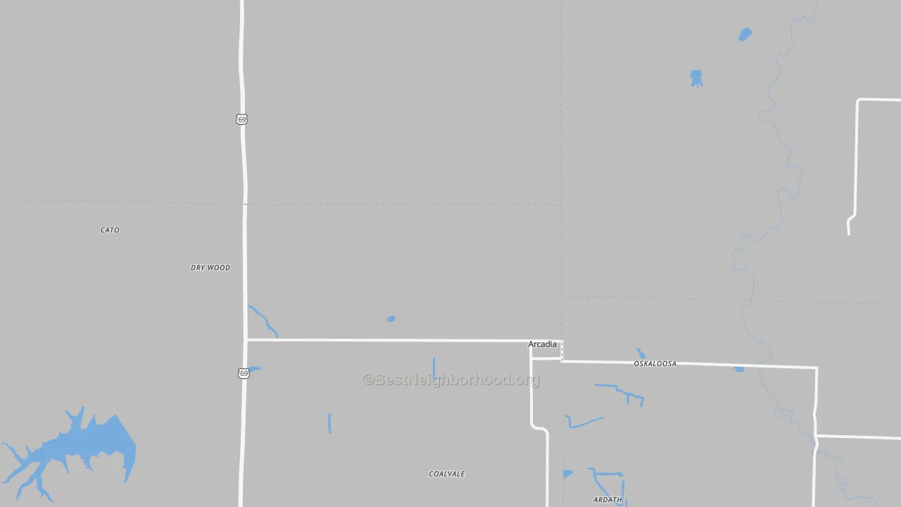 Walk Grade map of Arcadia, KS, walkable areas in green and car-dependent areas in red