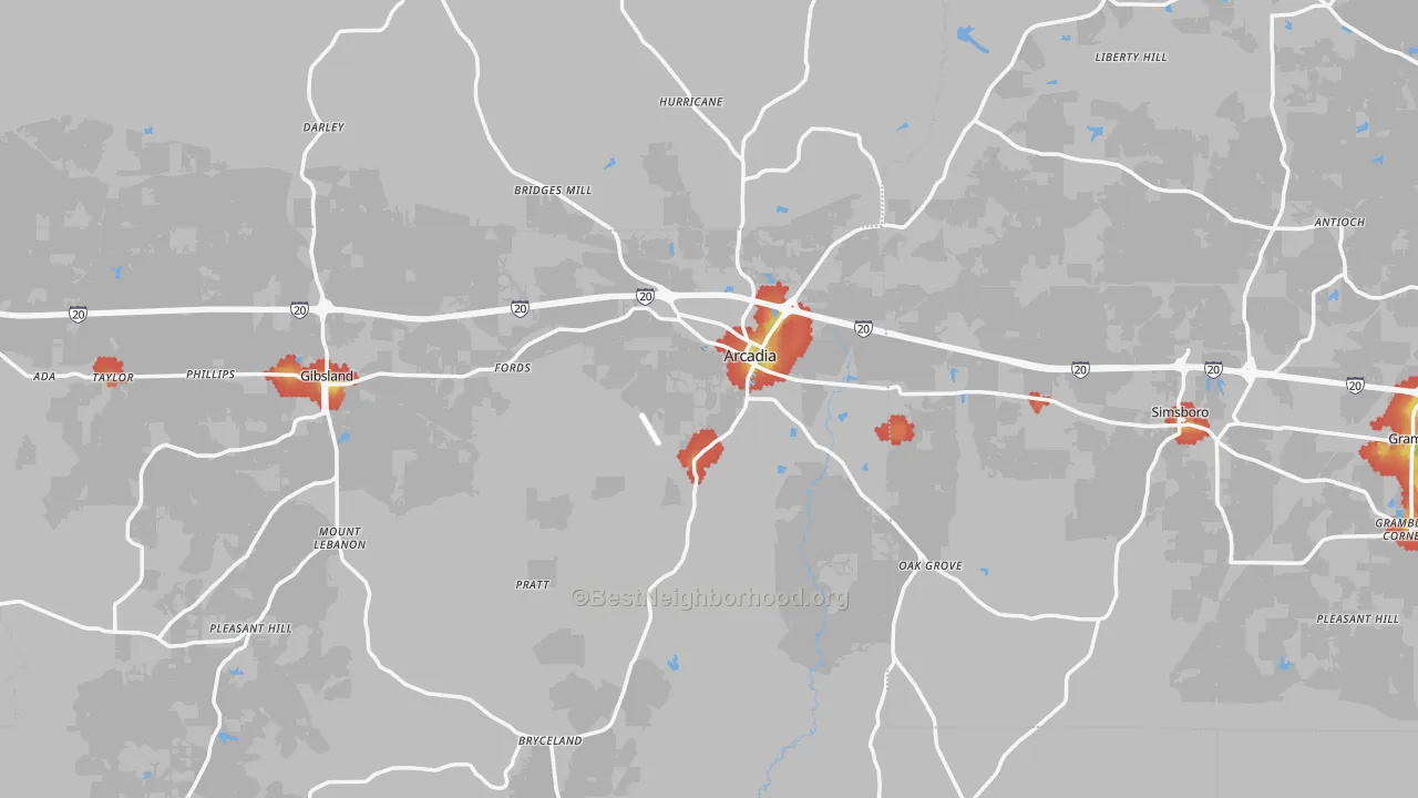 Walk Grade map of Arcadia, LA, walkable areas in green and car-dependent areas in red