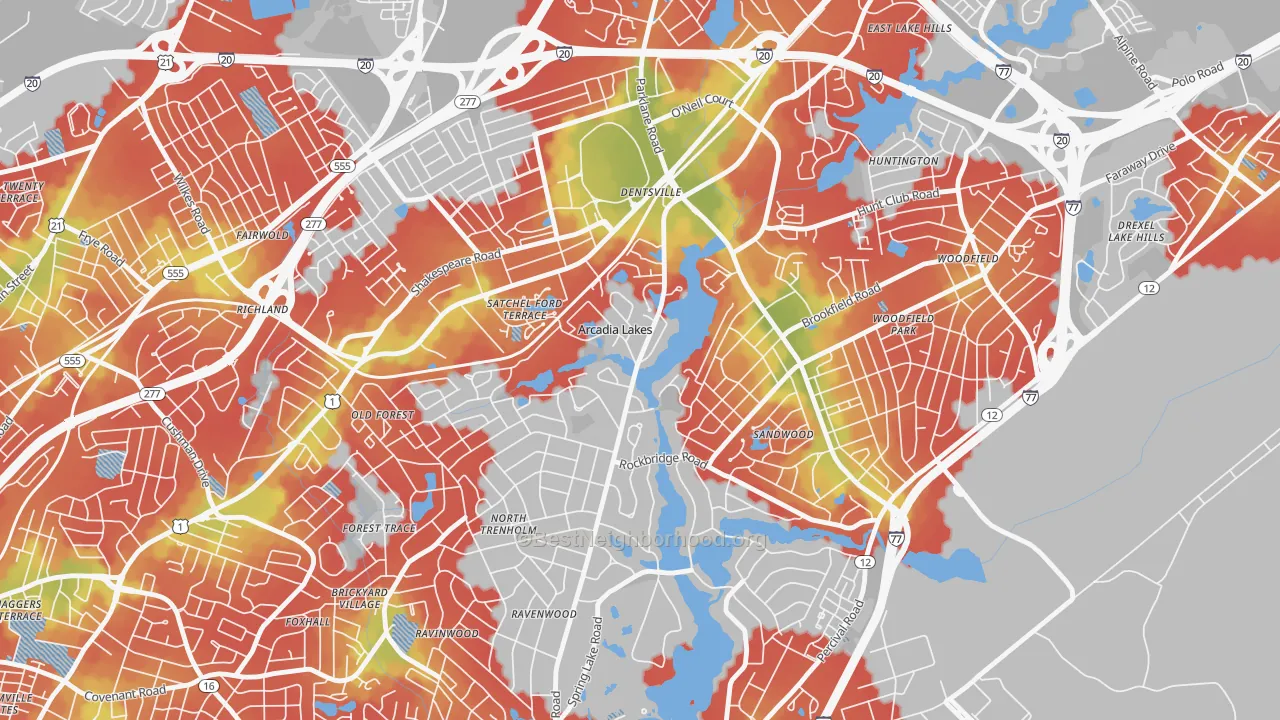 Walk Grade map of Arcadia Lakes, SC, walkable areas in green and car-dependent areas in red
