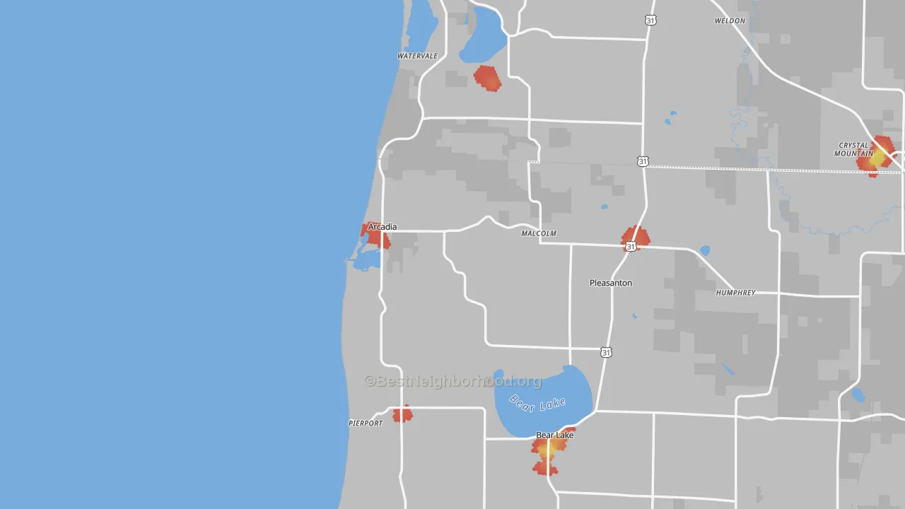 Walk Grade map of Arcadia, MI, walkable areas in green and car-dependent areas in red