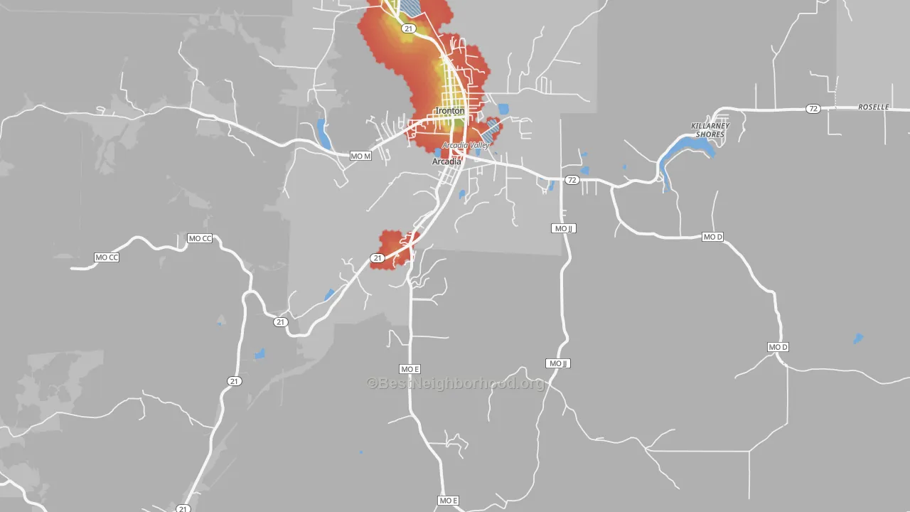 Walk Grade map of Arcadia, MO, walkable areas in green and car-dependent areas in red